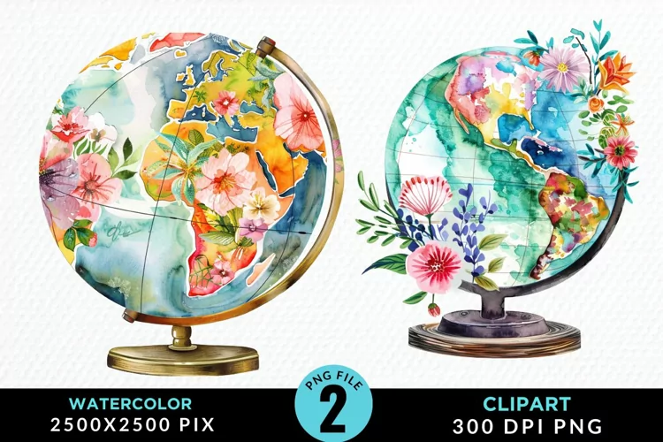Watercolor Floral Globe Artwork Clipart