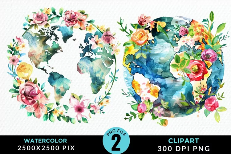 Watercolor Floral Globe Artwork Clipart