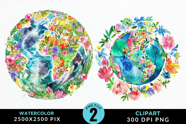 Watercolor Floral Globe Artwork Clipart