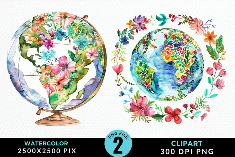 Watercolor Floral Globe Artwork Clipart