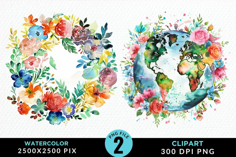 Watercolor Floral Globe Artwork Clipart