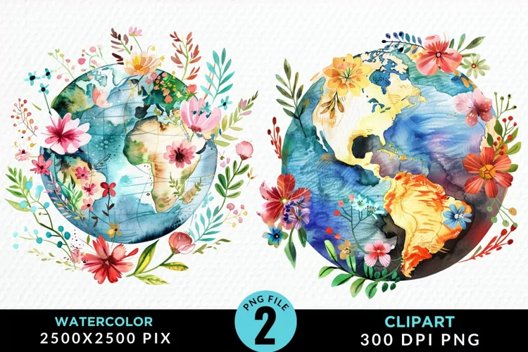 Watercolor Floral Globe Artwork Clipart