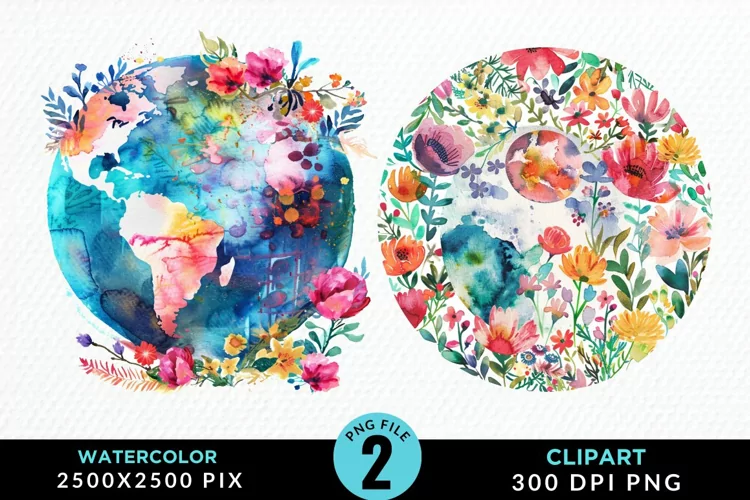 Watercolor Floral Globe Artwork Clipart