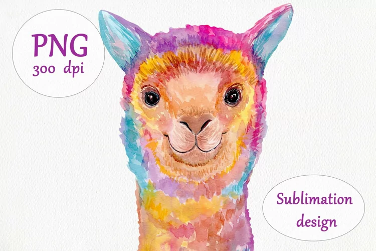 Watercolor Colorful Llama Sublimation Design - Animals PNG