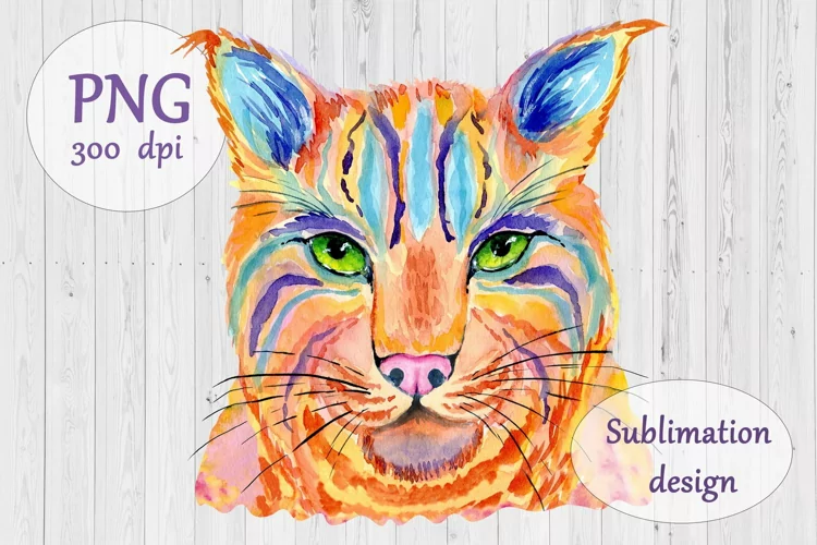 Watercolor Colorful Lynx Cat Sublimation Design -Animals PNG