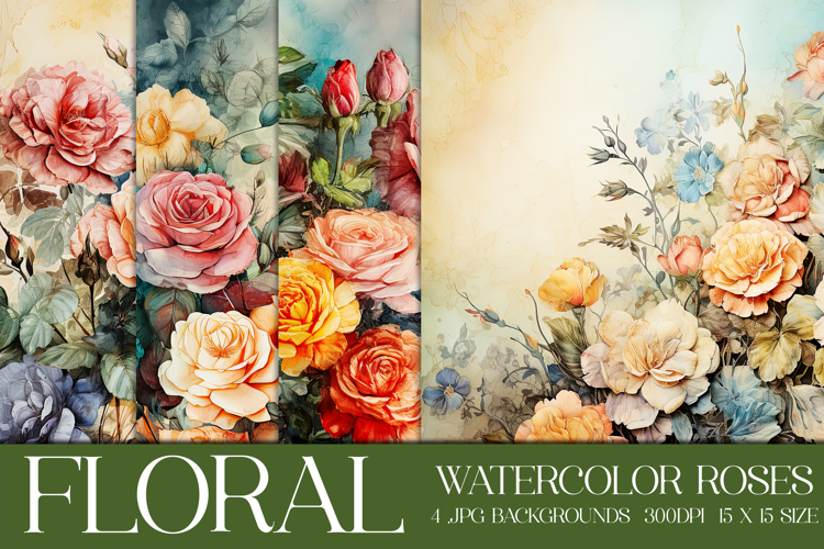 Floral Background, Watercolor Colorful Roses Backgrounds, s3