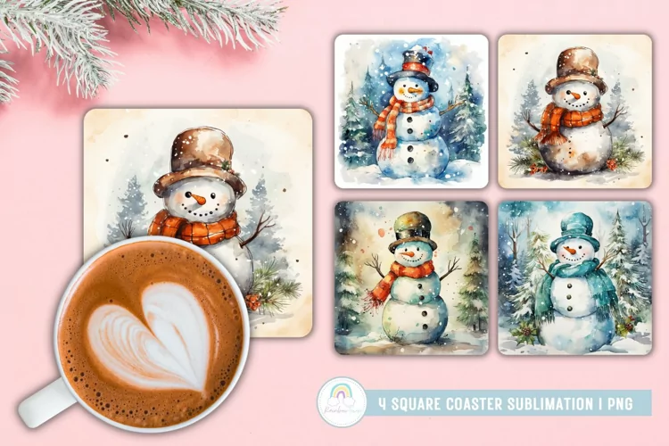 Watercolor Colorful Snowman Coaster