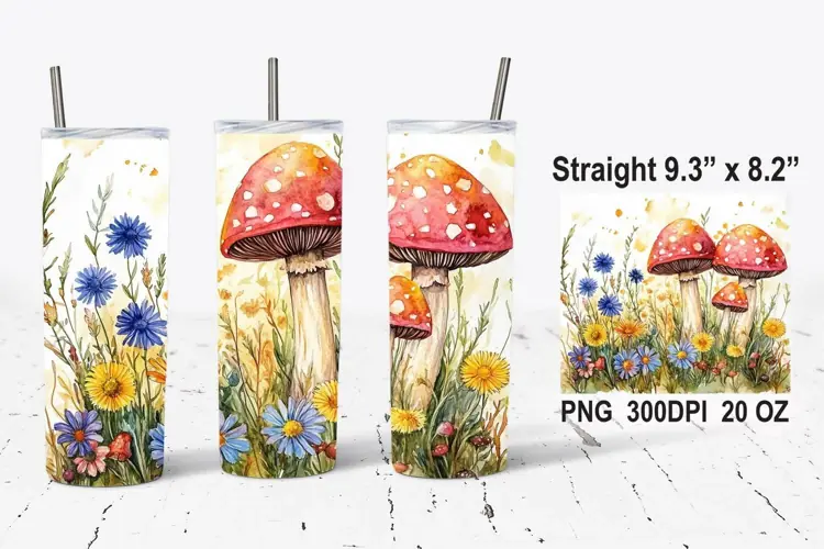 Watercolor Wildflowers and Mushrooms Tumbler Wrap