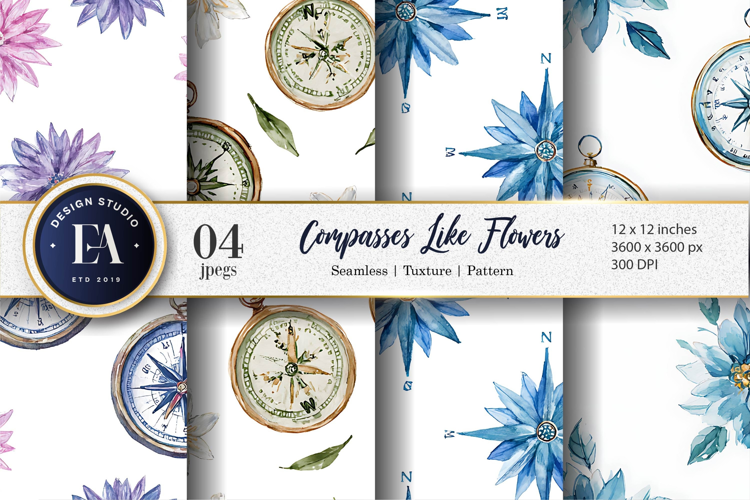 Seamless Watercolor Flower Shaped Compasses Digital Paper