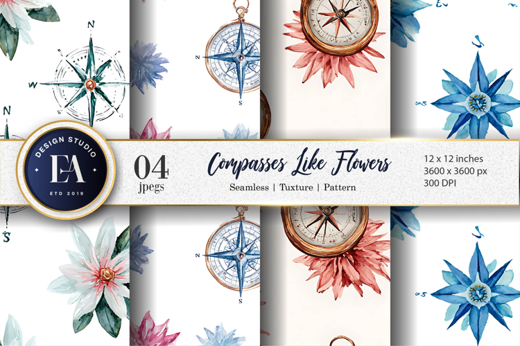 Watercolor Compass Flowers Seamless Pattern Digital Paper