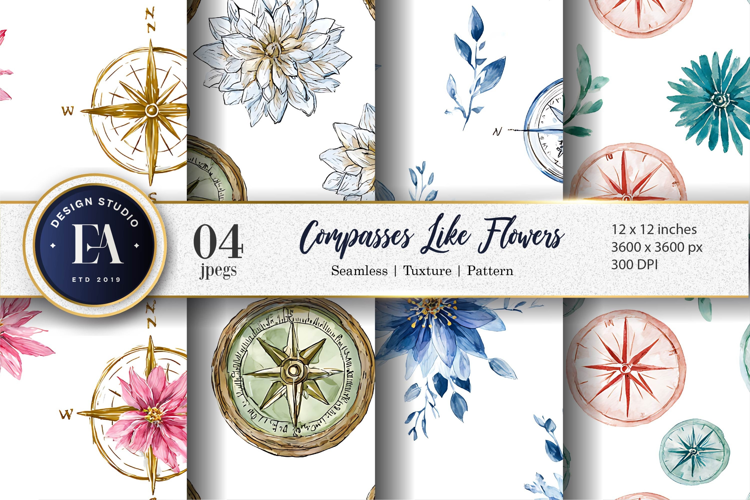 Watercolor Compasses in Flower Shapes Digital Paper