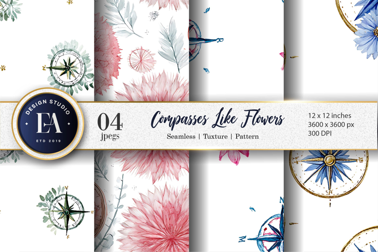 Compasses Shaped Like Watercolor Flowers Digital Paper