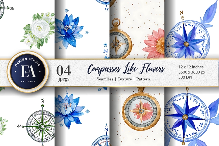 Flower Inspired Watercolor Compasses Seamless Digital Paper