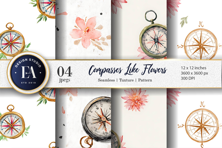 Compasses Shaped Like Watercolor Flowers Digital Paper