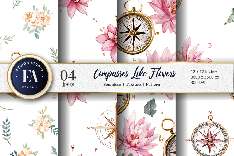 Seamless Watercolor Flower Shaped Compasses Digital Paper