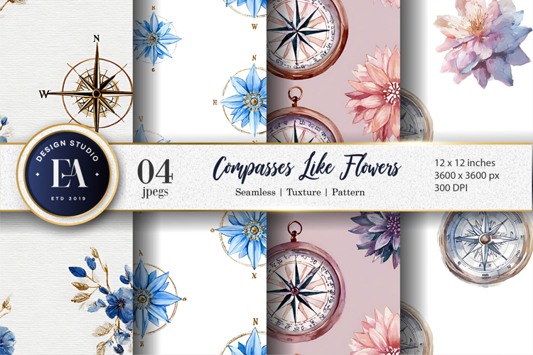 Floral Watercolor Compasses Seamless Pattern Digital Paper