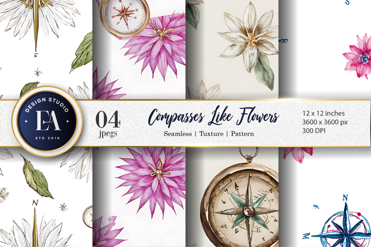 Whimsical Compass Flowers Watercolor Pattern Digital Paper