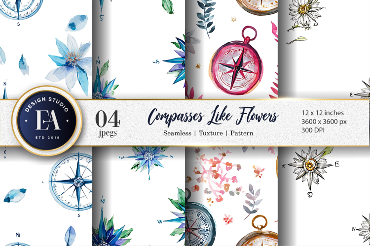 Watercolor Compasses in Flower Shapes Digital Paper