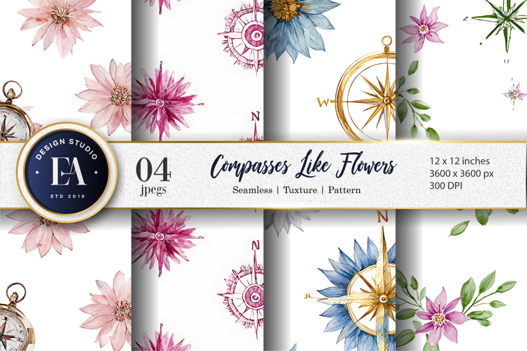 Watercolor Compass Flowers Seamless Pattern Digital Paper