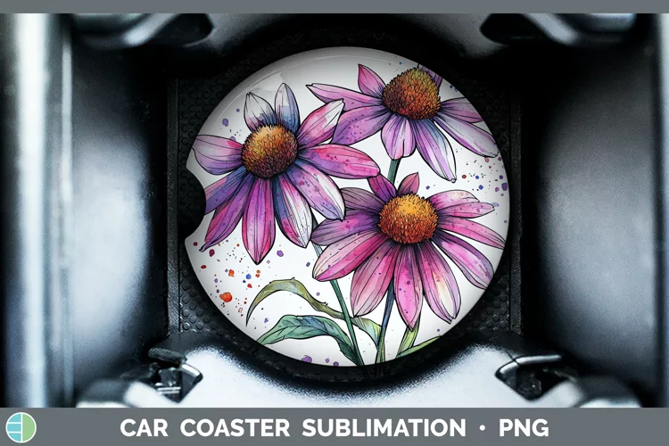 Watercolor Coneflower Car Coaster Sublimation Designs