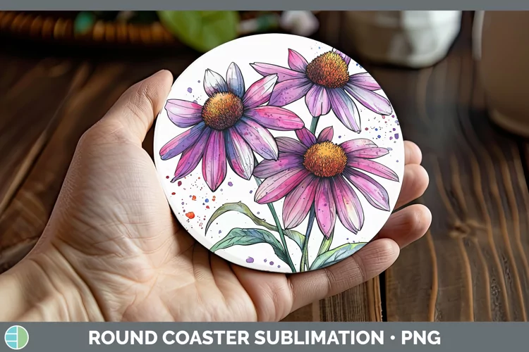 Watercolor Coneflower Round Coaster Sublimation Coaster Desi