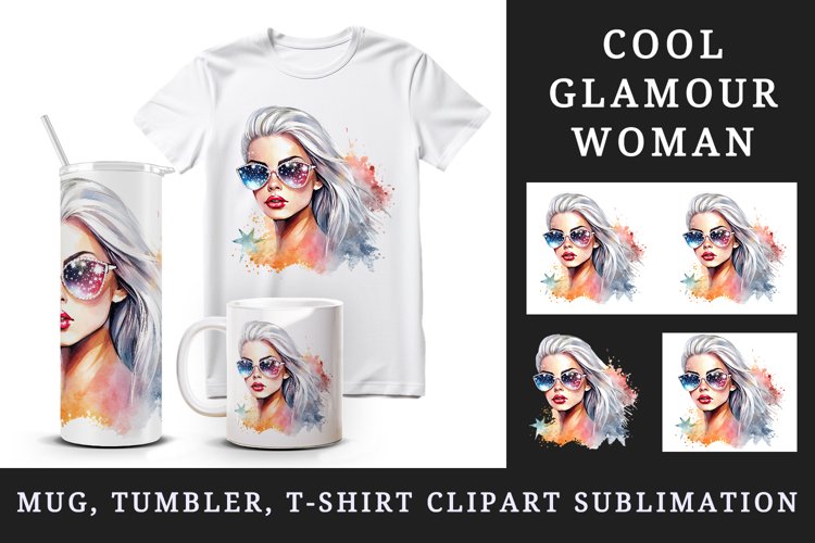 Watercolor cool glamour beautiful woman girl sunglasses glamorous style 20 oz tumbler skinny mug wrap clipart t-shirt sublimation printable design