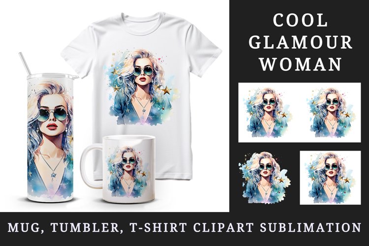 Watercolor cool glamour beautiful woman girl sunglasses glamorous style 20oz tumbler skinny mug wrap clipart t-shirt sublimation printable design