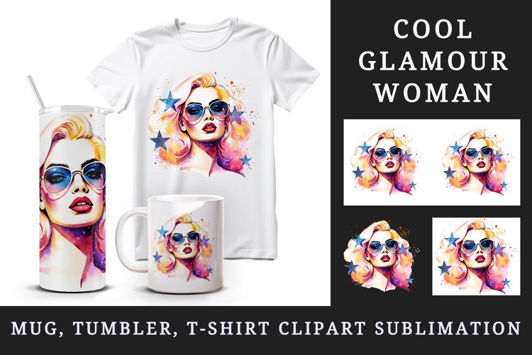 Watercolor cool glamour beautiful woman girl sunglasses glamorous style 20oz tumbler skinny mug wrap clipart t-shirt sublimation printable design