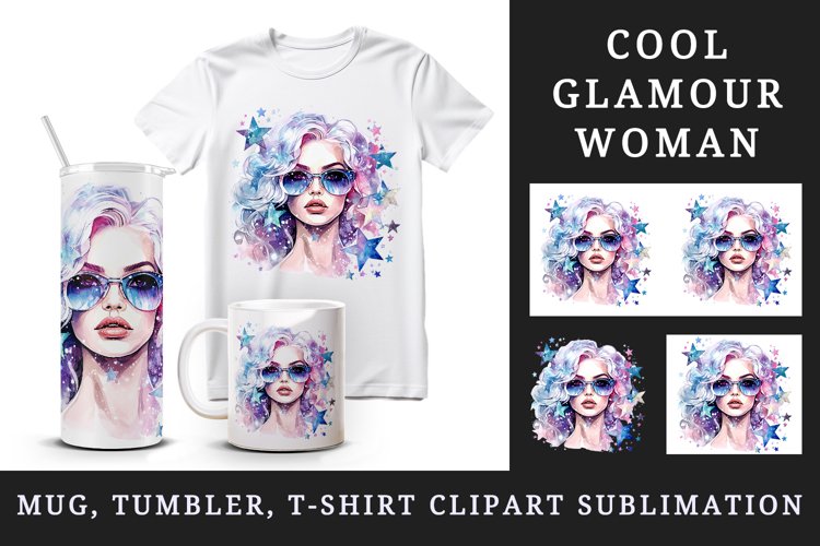 Watercolor cool glamour beautiful woman girl sunglasses glamorous style 20oz tumbler skinny mug wrap clipart t-shirt sublimation printable design