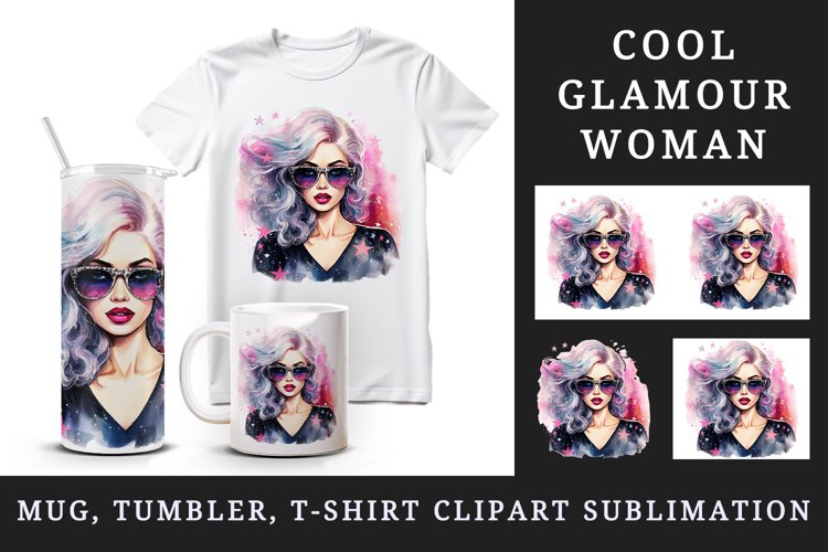 Watercolor cool glamour beautiful woman girl sunglasses glamorous style 20oz tumbler skinny mug wrap clipart t-shirt sublimation printable design