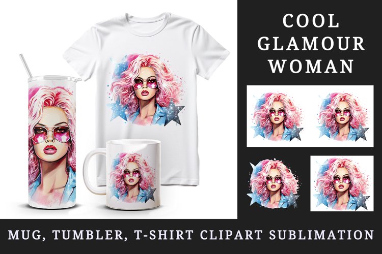 Watercolor cool glamour beautiful woman girl sunglasses glamorous style 20oz tumbler skinny mug wrap clipart t-shirt sublimation printable design