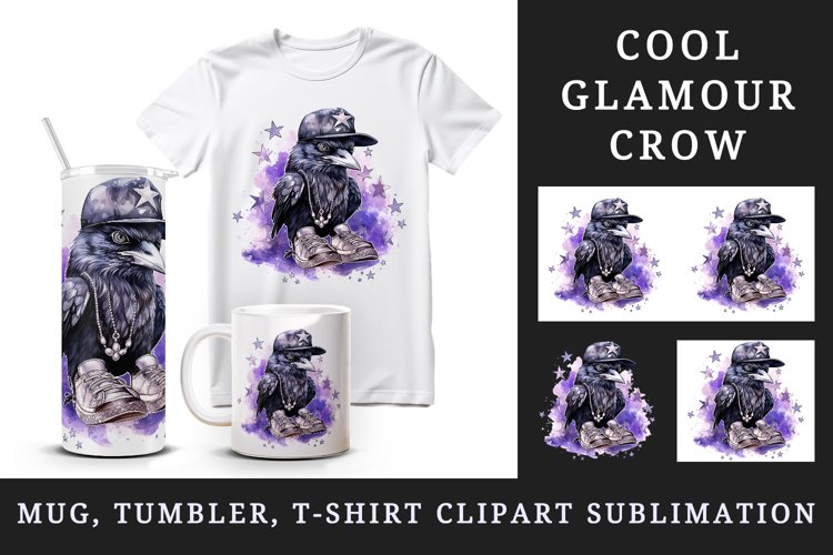 Watercolor cool glamour crow black bird superstar sparkle diamonds print 20 oz tumbler skinny mug wrap clipart t-shirt sublimation printable design