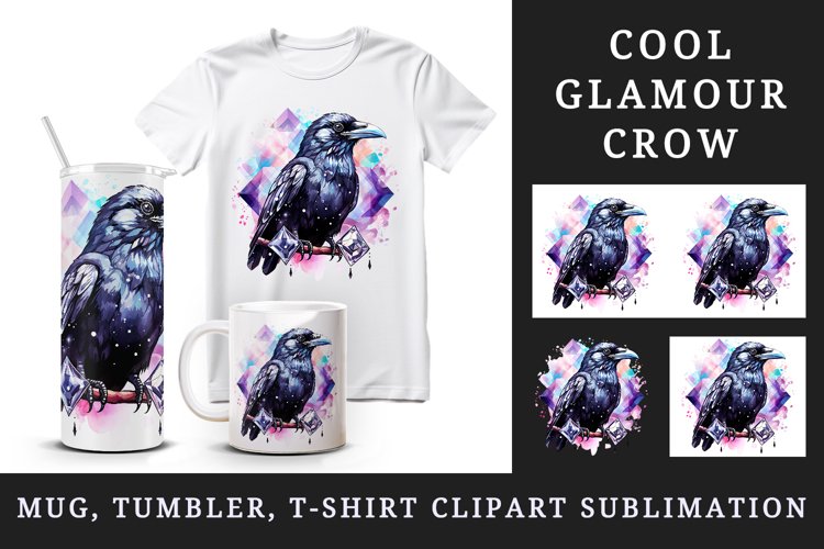 Watercolor cool glamour crow black bird superstar sparkle diamonds print 20 oz tumbler skinny mug wrap clipart t-shirt sublimation printable design