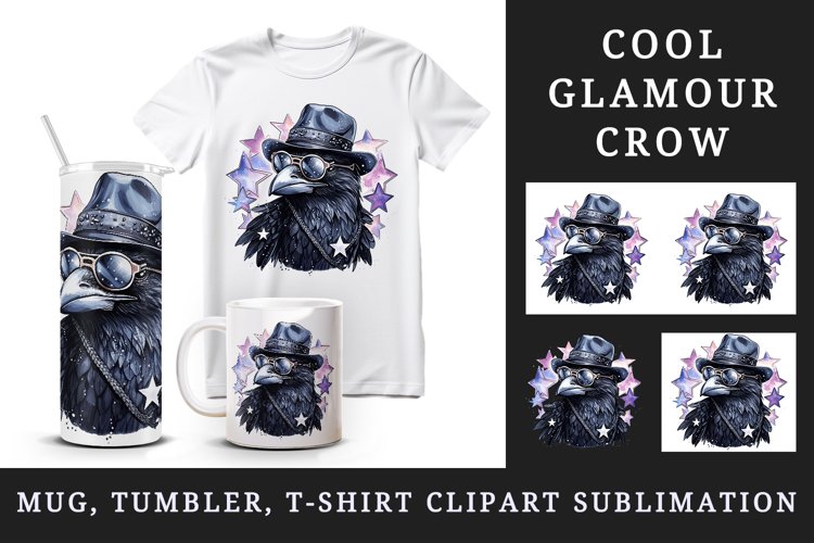 Watercolor cool glamour crow black bird superstar sparkle sunglasses print 20 oz tumbler skinny mug wrap clipart t-shirt sublimation printable design