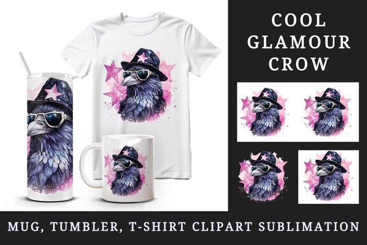 Watercolor cool glamour crow black bird superstar sparkle sunglasses print 20 oz tumbler skinny mug wrap clipart t-shirt sublimation printable design