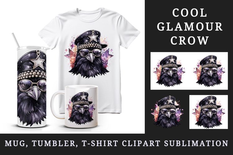 Watercolor cool glamour crow black bird superstar sparkle sunglasses print 20 oz tumbler skinny mug wrap clipart t-shirt sublimation printable design