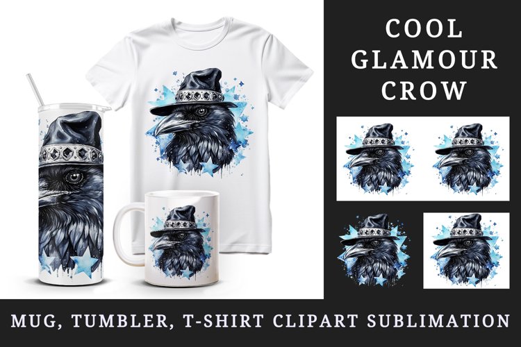 Watercolor cool glamour crow hat black bird superstar sparkle diamonds print 20oz tumbler skinny mug wrap clipart t-shirt sublimation printable design