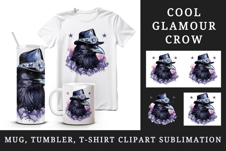 Watercolor cool glamour crow hat black bird superstar sparkle print 20 oz tumbler skinny mug wrap clipart t-shirt sublimation printable design