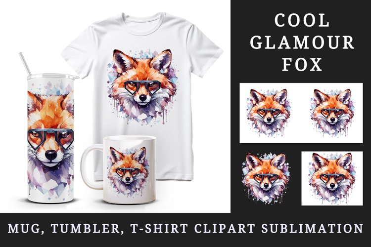 Watercolor cool glamour fox superstar wild animal sparkle sunglasses print 20 oz tumbler skinny mug wrap clipart t-shirt sublimation printable design