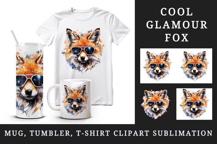Watercolor cool glamour fox superstar wild animal sparkle sunglasses print 20 oz tumbler skinny mug wrap clipart t-shirt sublimation printable design