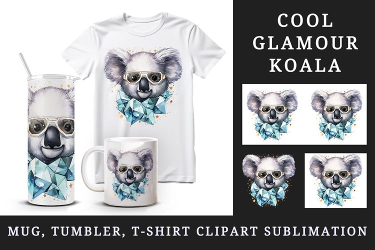 Watercolor cool glamour koala funny superstar animal sunglasses stars print 20 oz tumbler skinny mug wrap clipart t-shirt sublimation printable design