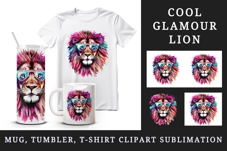 Watercolor cool glamour lion funny superstar wild animal sunglasses print 20 oz tumbler skinny mug wrap clipart t-shirt sublimation printable design