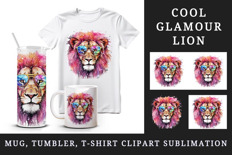 Watercolor cool glamour lion superstar wild animal sunglasses stars print 20 oz tumbler skinny mug wrap clipart t-shirt sublimation printable design