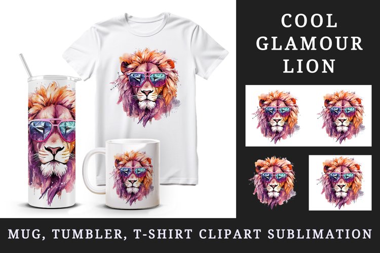 Watercolor cool glamour lion superstar wild animal sunglasses stars print 20 oz tumbler skinny mug wrap clipart t-shirt sublimation printable design