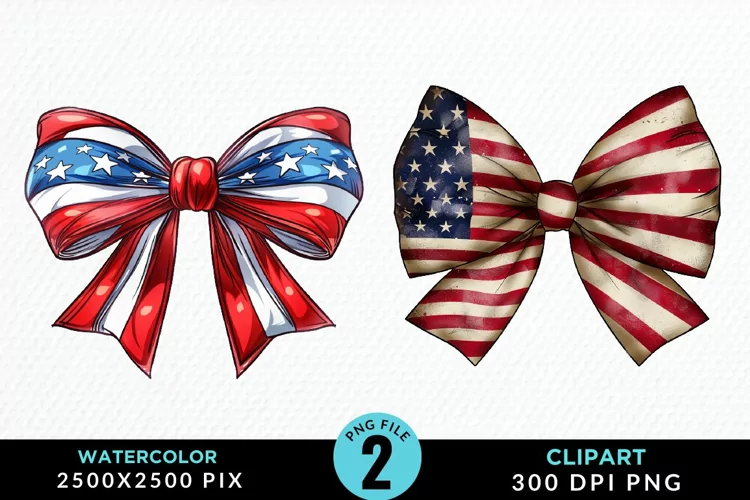 Watercolor Coquette 4th Of July Bow PNG Clipart
