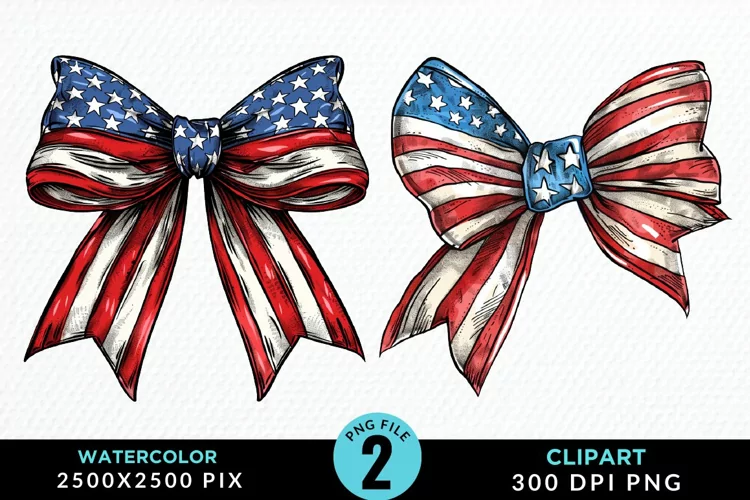 Watercolor Coquette 4th Of July Bow PNG Clipart