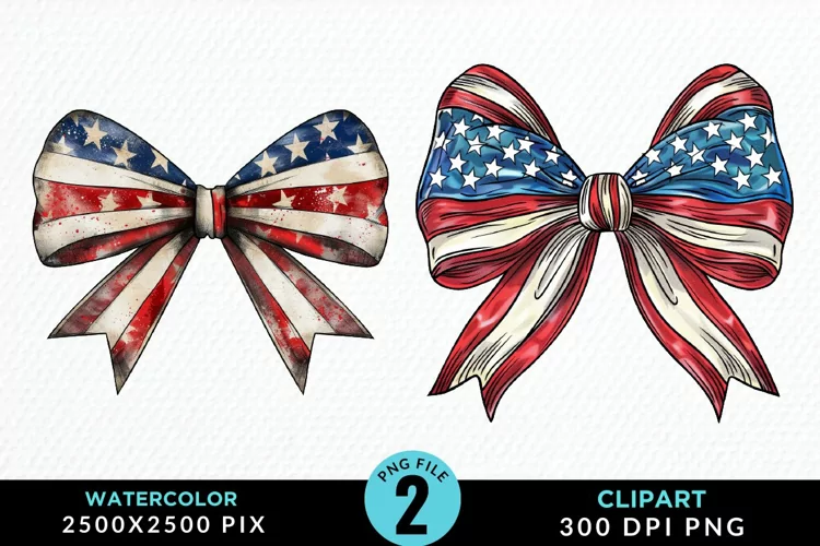 Watercolor Coquette 4th Of July Bow PNG Clipart