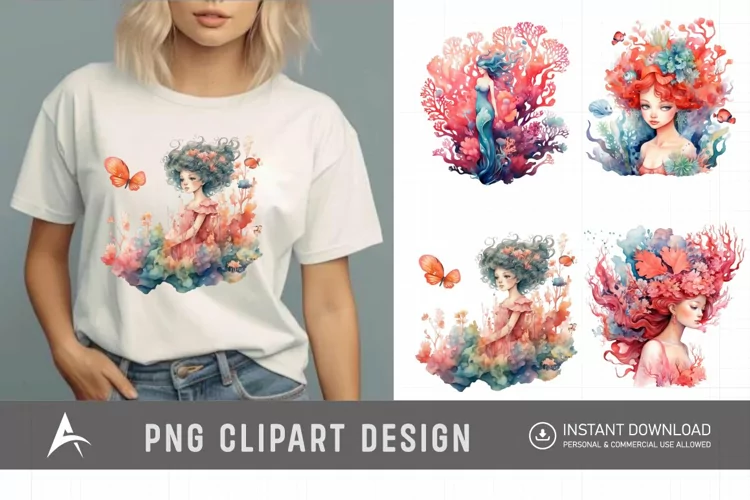 Watercolor Coral Reef Fairy Clipart