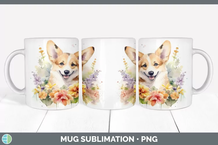 Watercolor Corgi Dog Mug Wrap | Sublimation Coffee Cup Desig