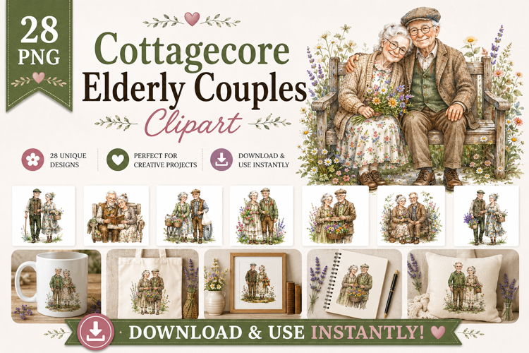 Cottagecore Elderly Couples Clipart Bundle | PNG Grandparent